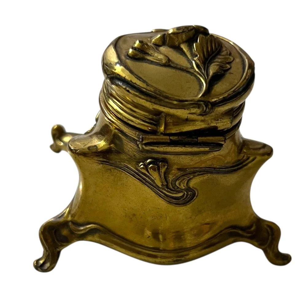 Vintage Brass Art Nouveau Floral Desk‎ Accessory Inkwell or Trinket Box